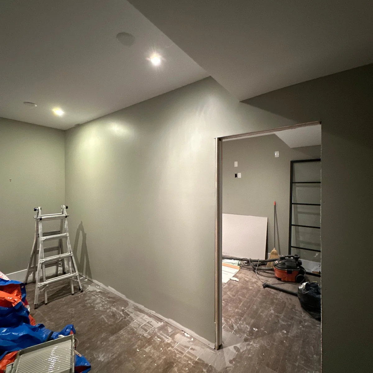 Interior room during renovation with finishing tools and preparation work